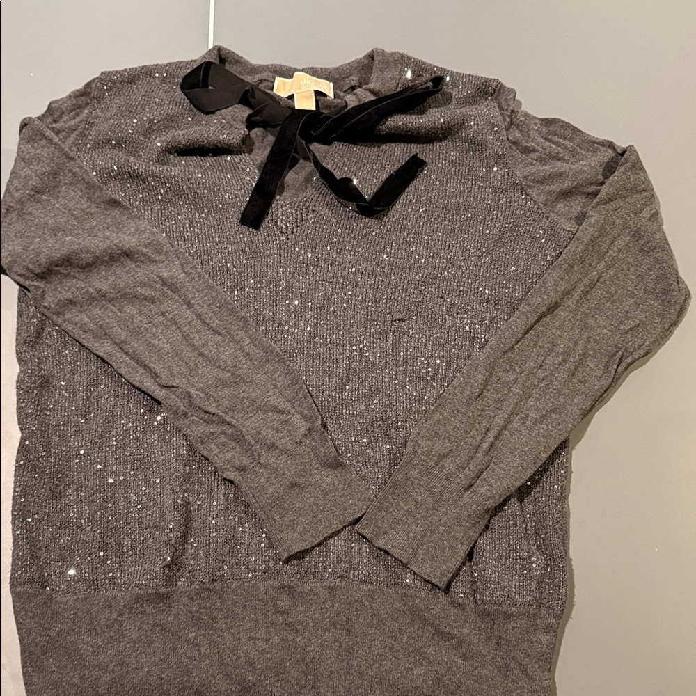 Michael Kors Gray Sweater with Black Suede Ribbon Detail